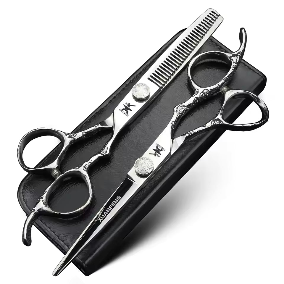 XUANFENG 6" Black Mirror Barber Scissors Set — JP440C Steel Cutting & Thinning Shears